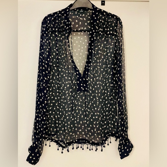 J. Crew Navy White Polka Dot Chiffon w Tassels Top - Picture 1 of 8